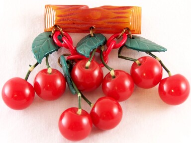 BP120 red bakelite cherries on log bar pin